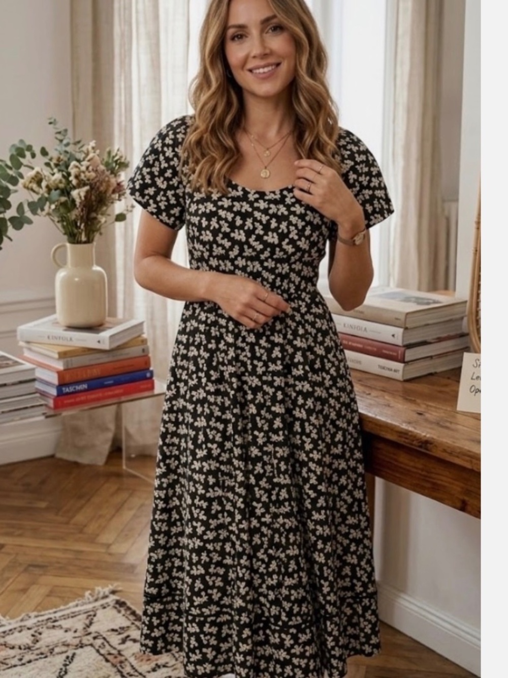 Tory Burch Little Leaves Midi Dress Size 4 Black Floral Smocked Waist Pockets